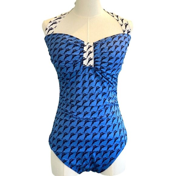 Tommy Bahama Sweetheart Bust Halter Marlin Print Blue Contrast Swimsuit Size 16 - Picture 2 of 6